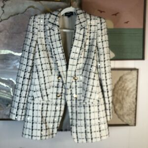 Express Womens Plaid Double Breasted Boyfriend Blazer Jacket Cream Black Medium